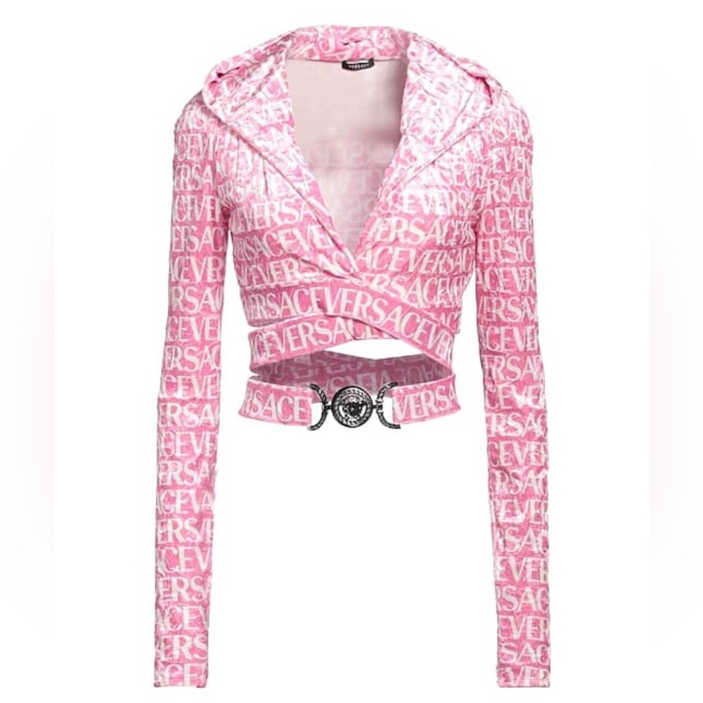 VERSACE Woman Logo Sweatshirt cropped with Belt and Hood Pink Size XS